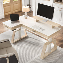 Eureka Ergonomic Ark Pro L-Shaped Standing Desk With White Sintered Stone Top, Wood Accents, and Height-Adjustable Features.