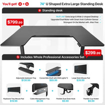 Eureka Ergonomic 74 Inch U-Shaped Standing Desk With Accessories, Dark Gray Finish for Ergonomic Workspace.