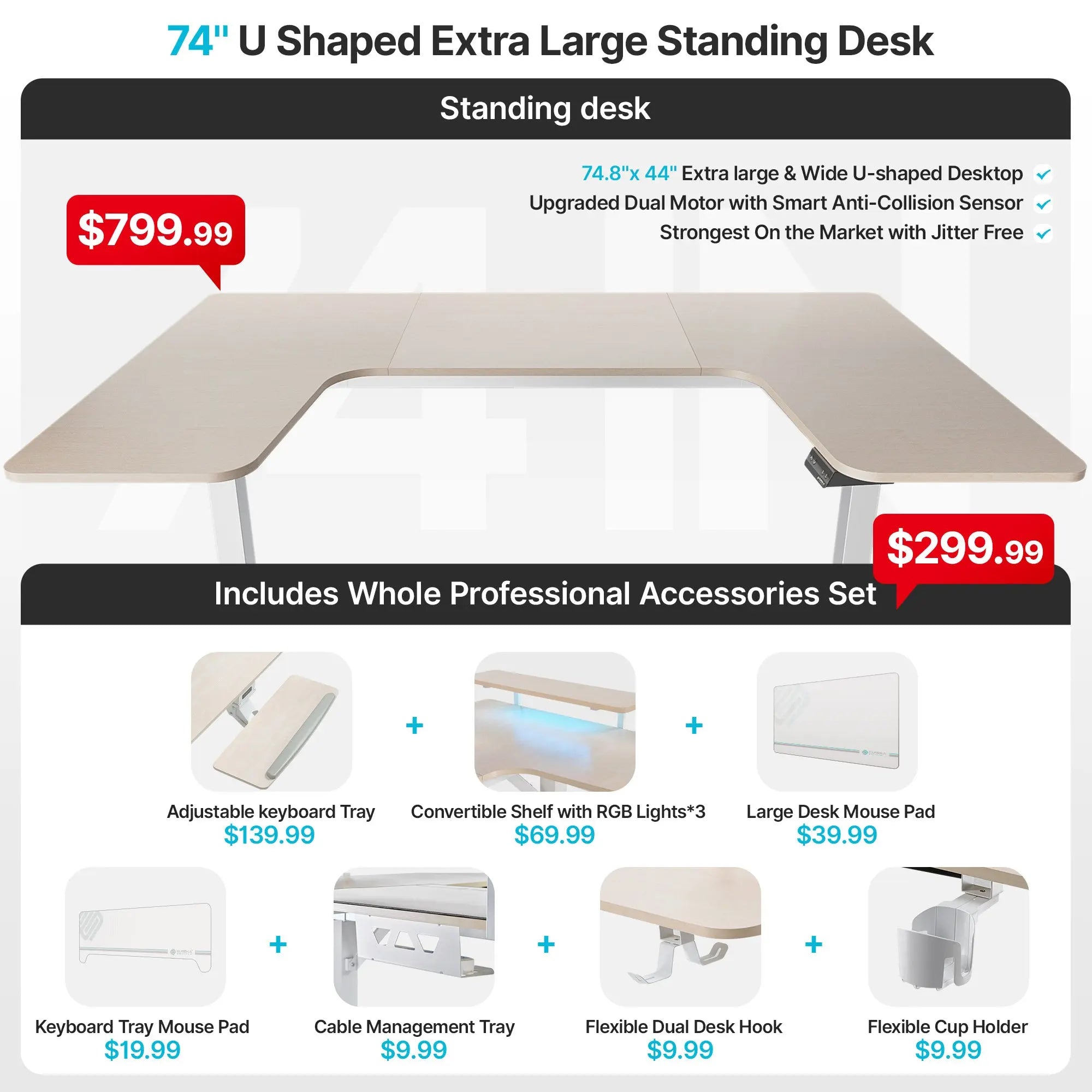 74'' U-shape Extra Large Standing Desk with Accessories Set|Eureka