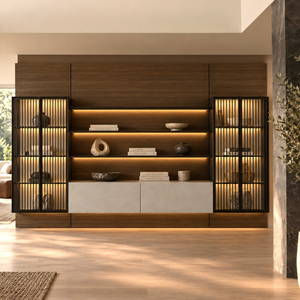 Arundel Dark Walnut Wall System with Slatted Cabinet and Led Lighting
