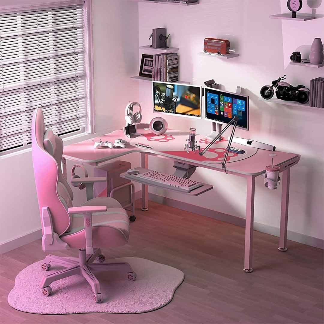 61'' L-shaped Computer Desk, Pink-colored, Left