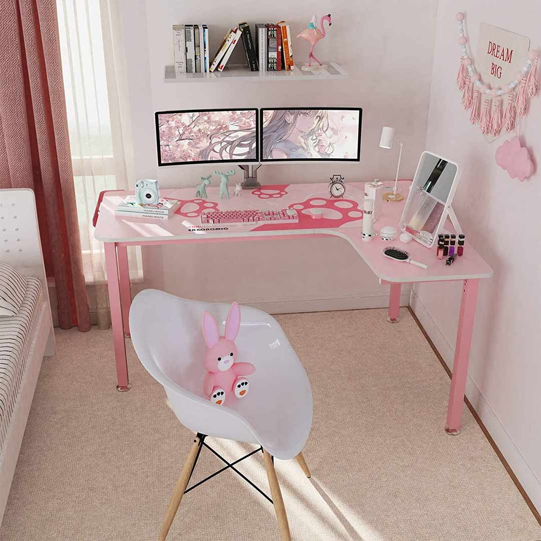 GAMING DESK: L152 60" Pink Shaped L Desk, RIght - Full Gaming Room - 2 Monitors - Cosmetic Mirror - Eureka Ergonomic GAMING-DESKS SCENE6