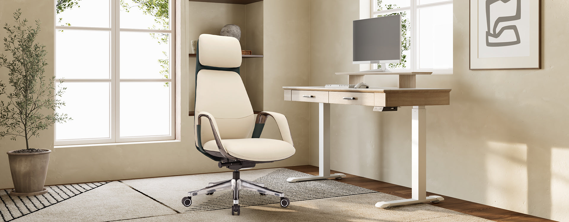 SERENE, Eureka Comfy Leather Executive Office Chair Luxury Napa Leather, Off-White, Lifestyle Featuring Two-Drawer Standing Desk 