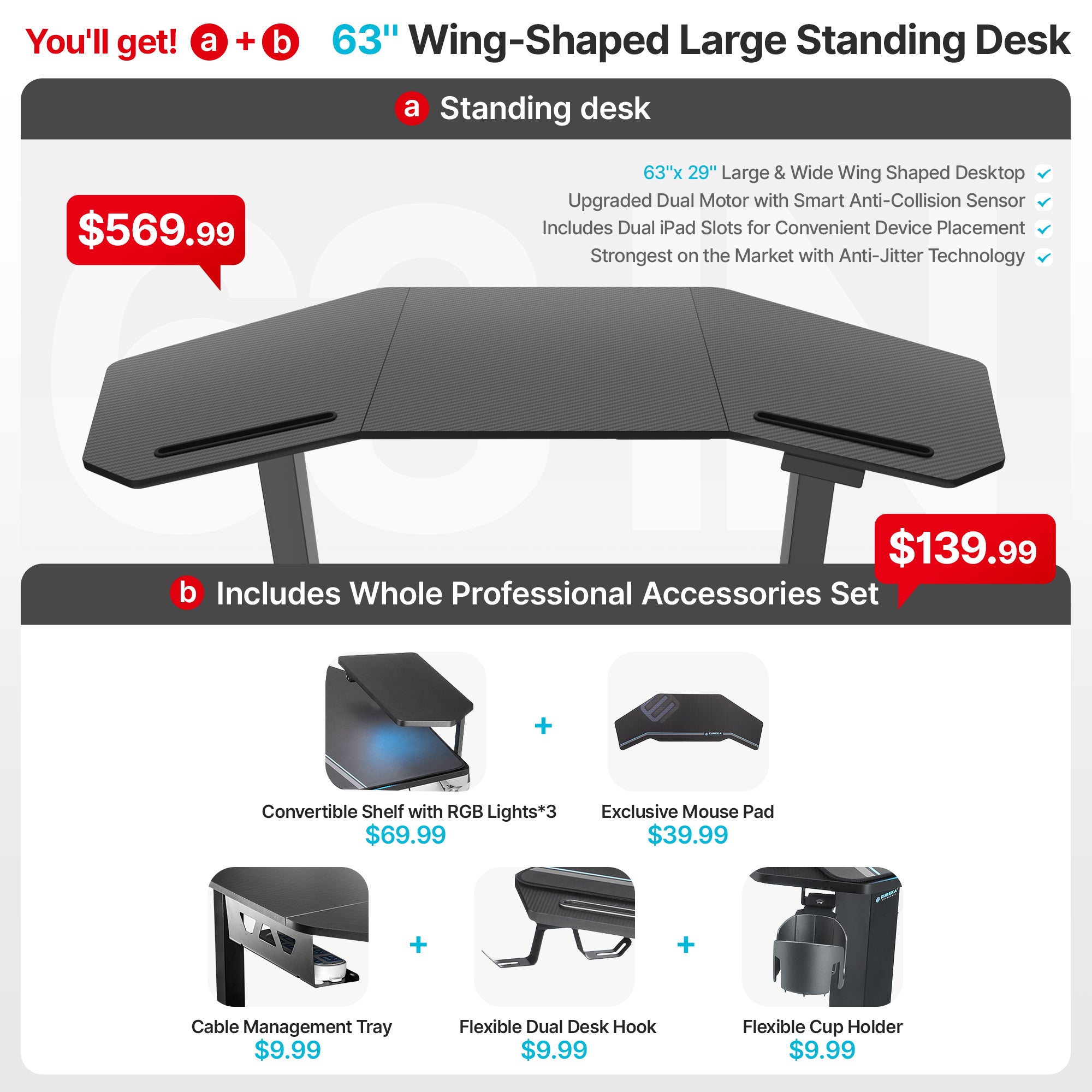 Eureka 63'' Wing Shaped Electric Standing Desk with monitor shelves