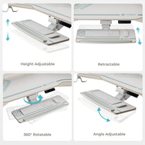 Eureka Ergonomic Aero Pro Desk Features: Height, Retractable, 360° Rotation, and Angle Adjustment.