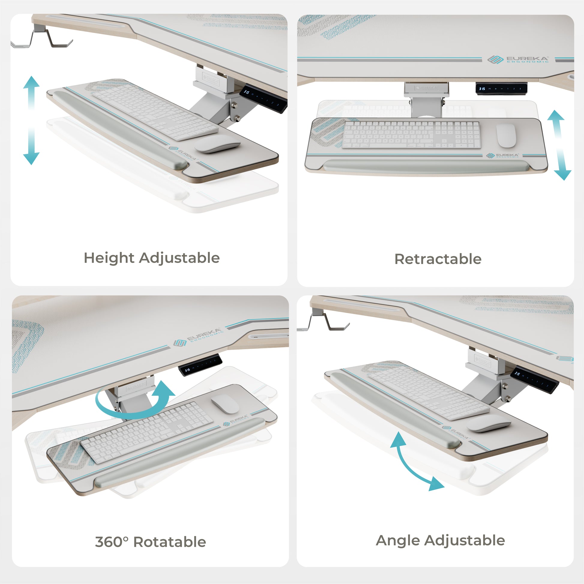 Eureka Ergonomic Aero Pro Desk Features: Height, Retractable, 360° Rotation, and Angle Adjustment.