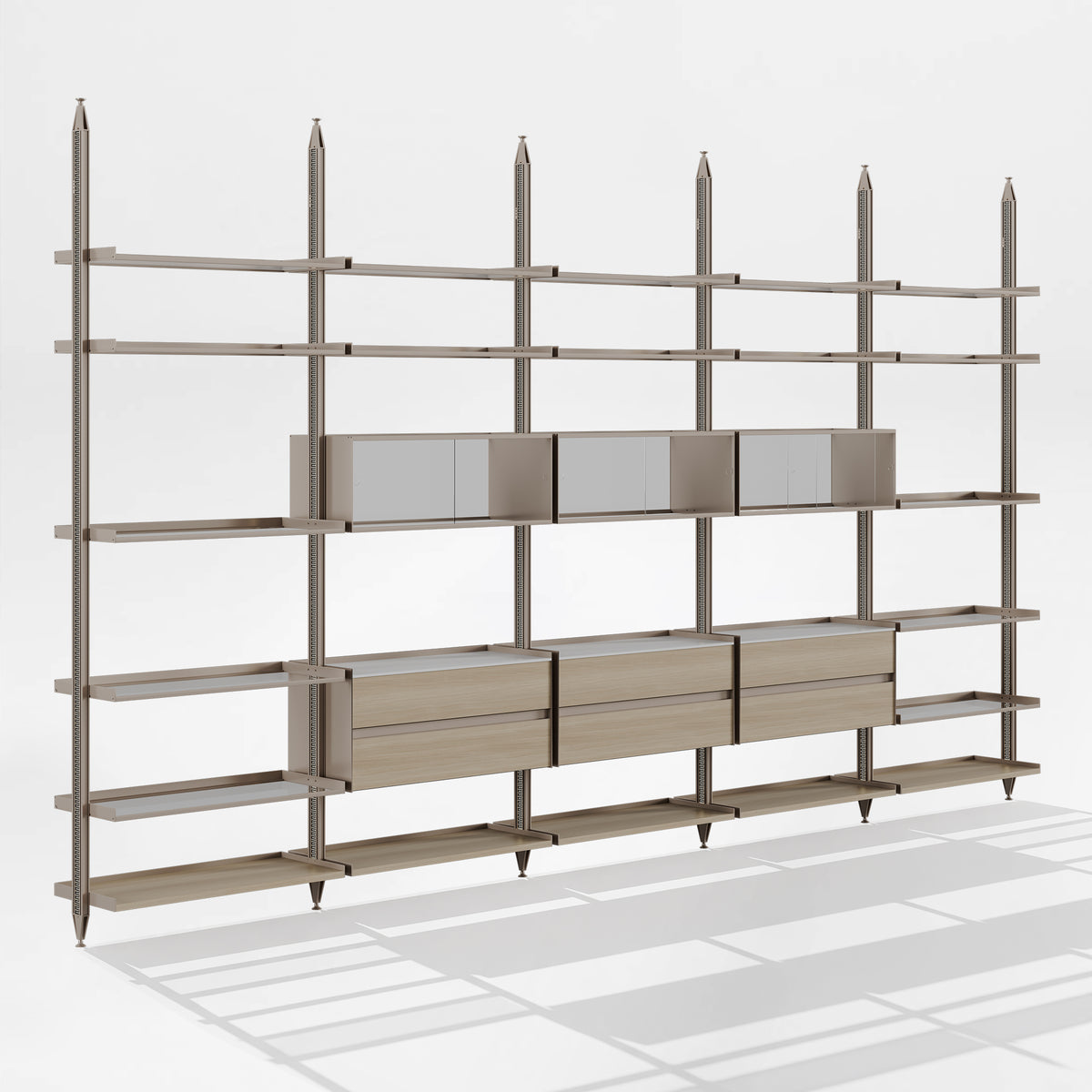 Eureka Ergonomic Arundel white oak shelving system, studio front view with glass cabinets and drawers