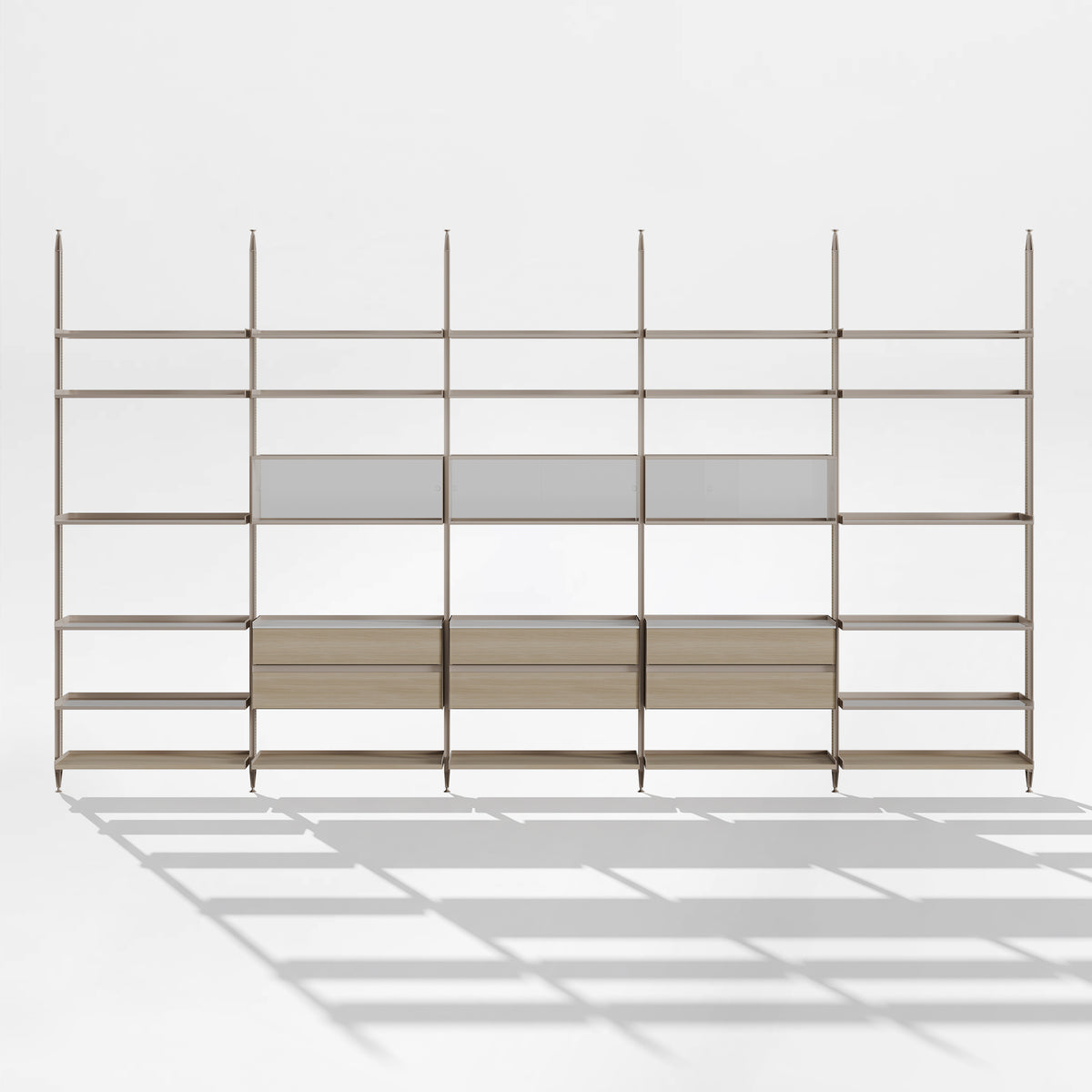 Eureka Ergonomic Arundel floor-to-ceiling shelving system, studio front view with open shelves on white