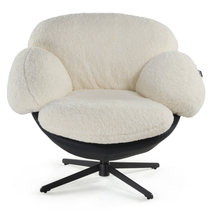 Cara Modern Swivel Lounge Chair in White Lamb Velvet and Black Leather Base, Ergonomic Design.