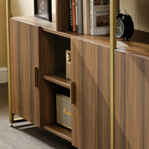 Napa Wood Bookcase Cabinet Detail With Books, Marshall Speaker, and Clock. Walnut Finish, Brass Frame.
