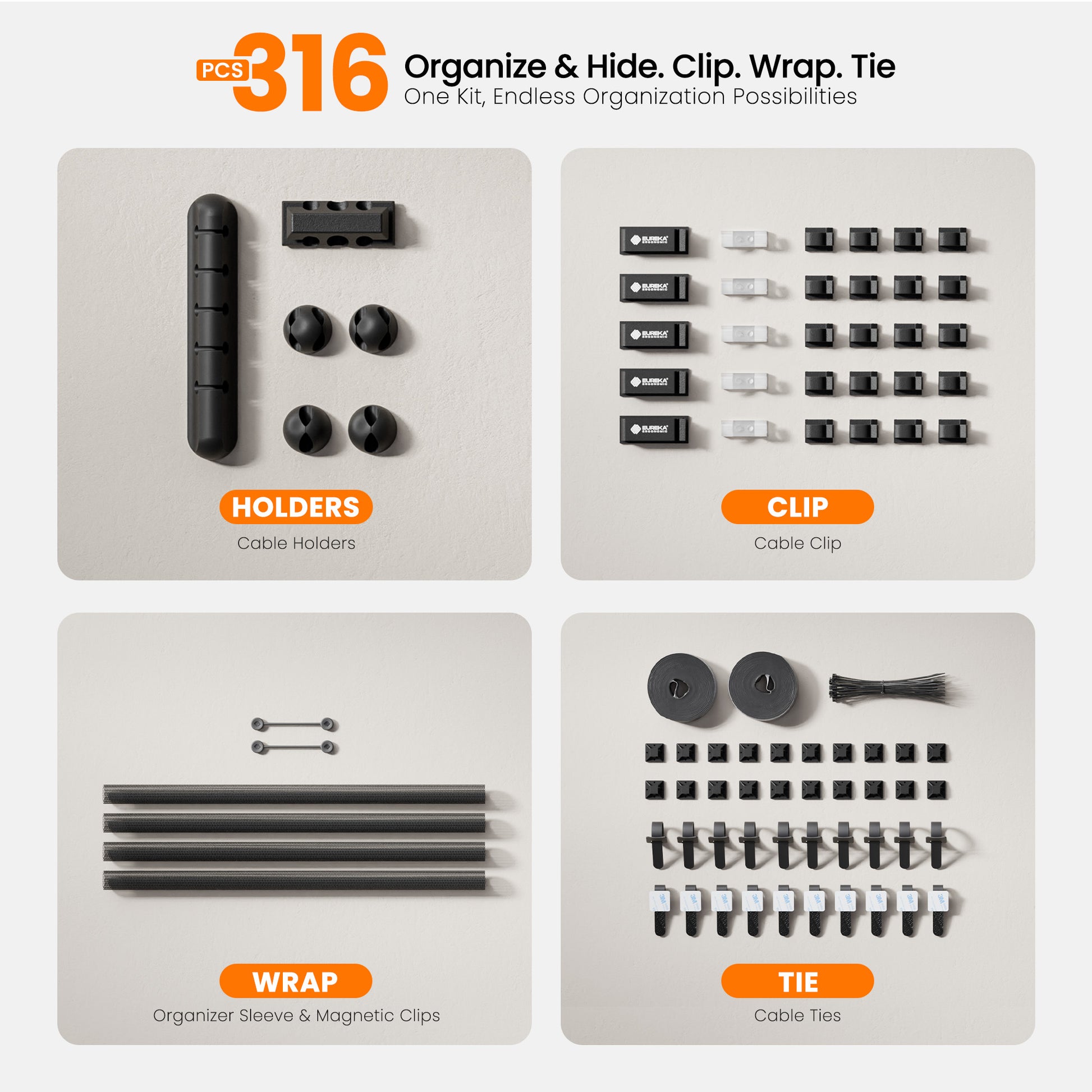 Eureka Ergonomic Cable Management Kit with organize and hide clips and wrap ties