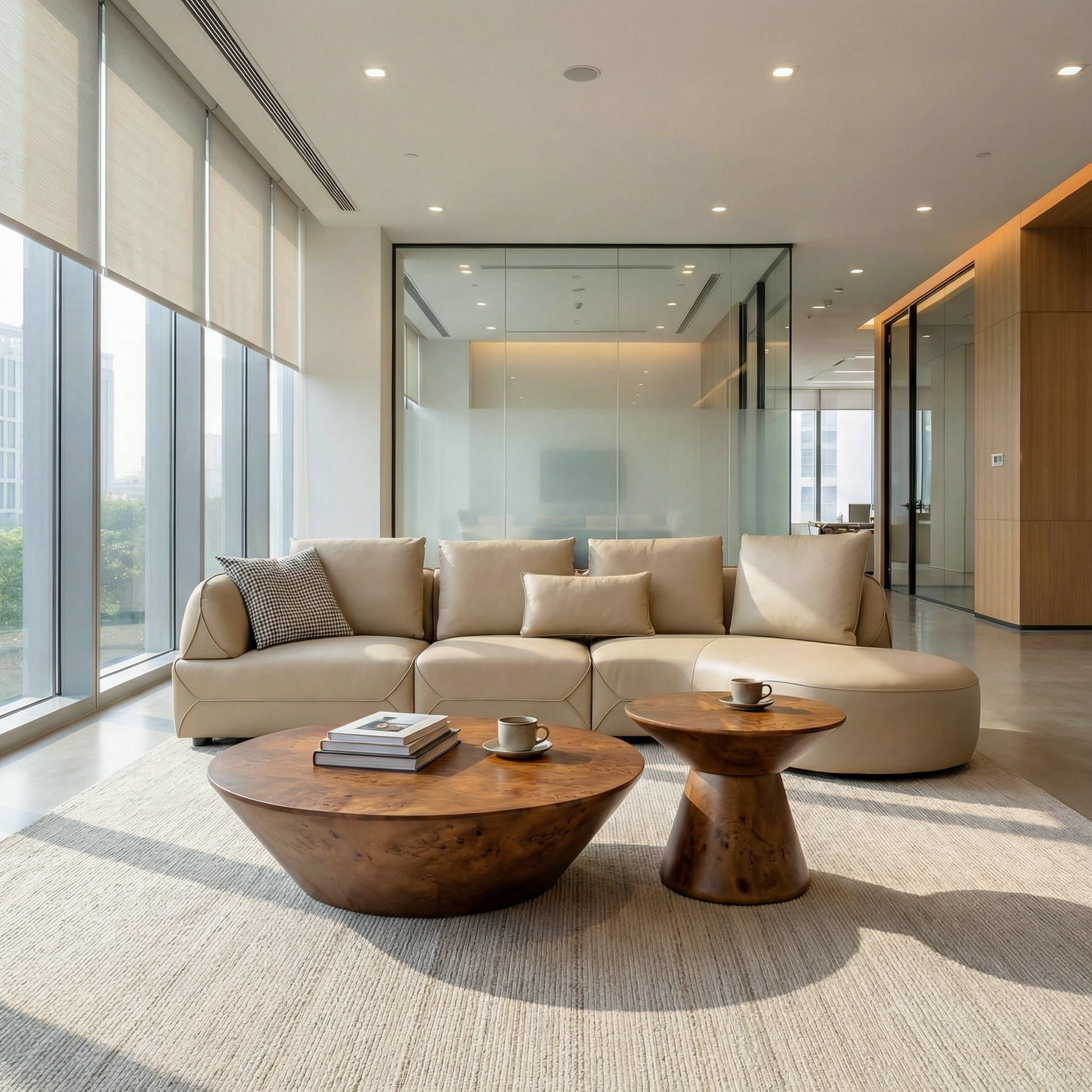 Brown Round Coffee Table Set With Wooden Veneer Surface, a Stylish Addition to Any Office Space.