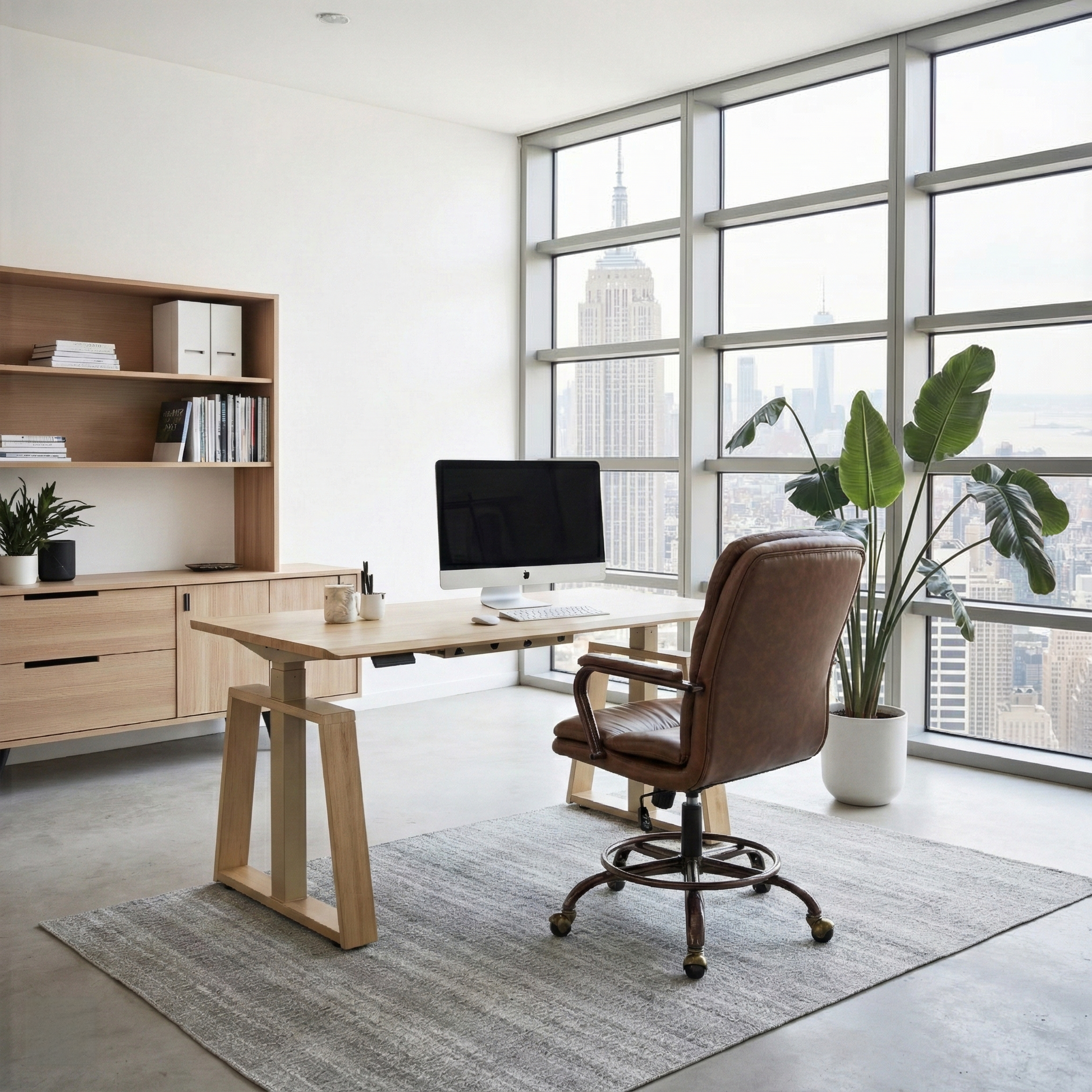 Eureka Ergonomic Home Office Set with Ark Lite Standing Desk and Regal PU Leather Chair in manager office.