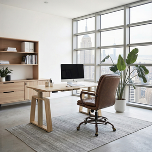 Eureka Ergonomic Home Office Set with Ark Lite Standing Desk and Regal PU Leather Chair in manager office.