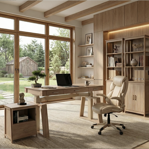 Eureka Ergonomic Executive Office Set with Ark EL Standing Desk, Galene Chair & Storage in home office.