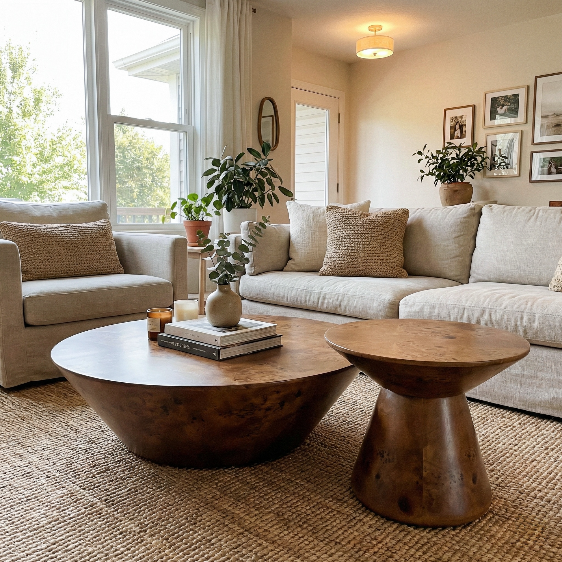Brown Round Coffee Table Set With Wooden Veneer Surface, a Stylish Addition to Any Living Space.