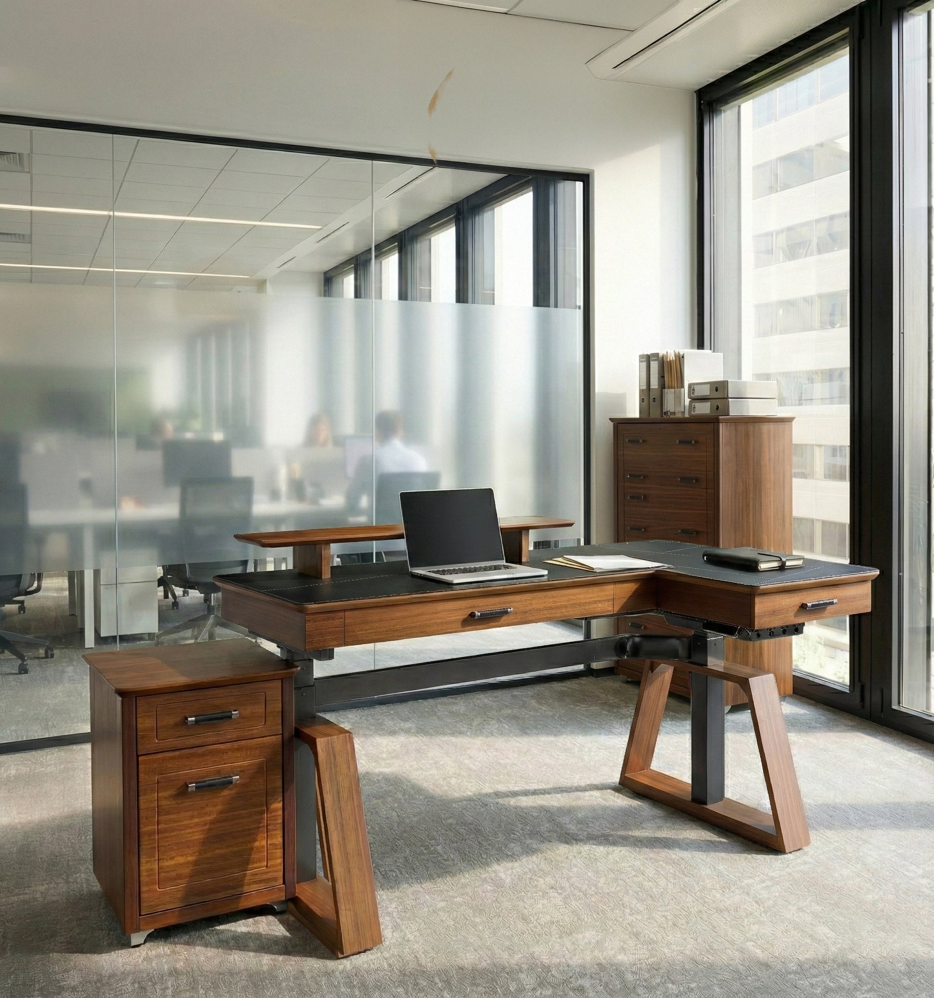 Large standing desk and office storage cabinet arranged in a professional workspace