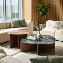 CT04 Coffee Table Set in Modern Living Room With Blue Jade Marble and Walnut. Stylish Furniture for Office.