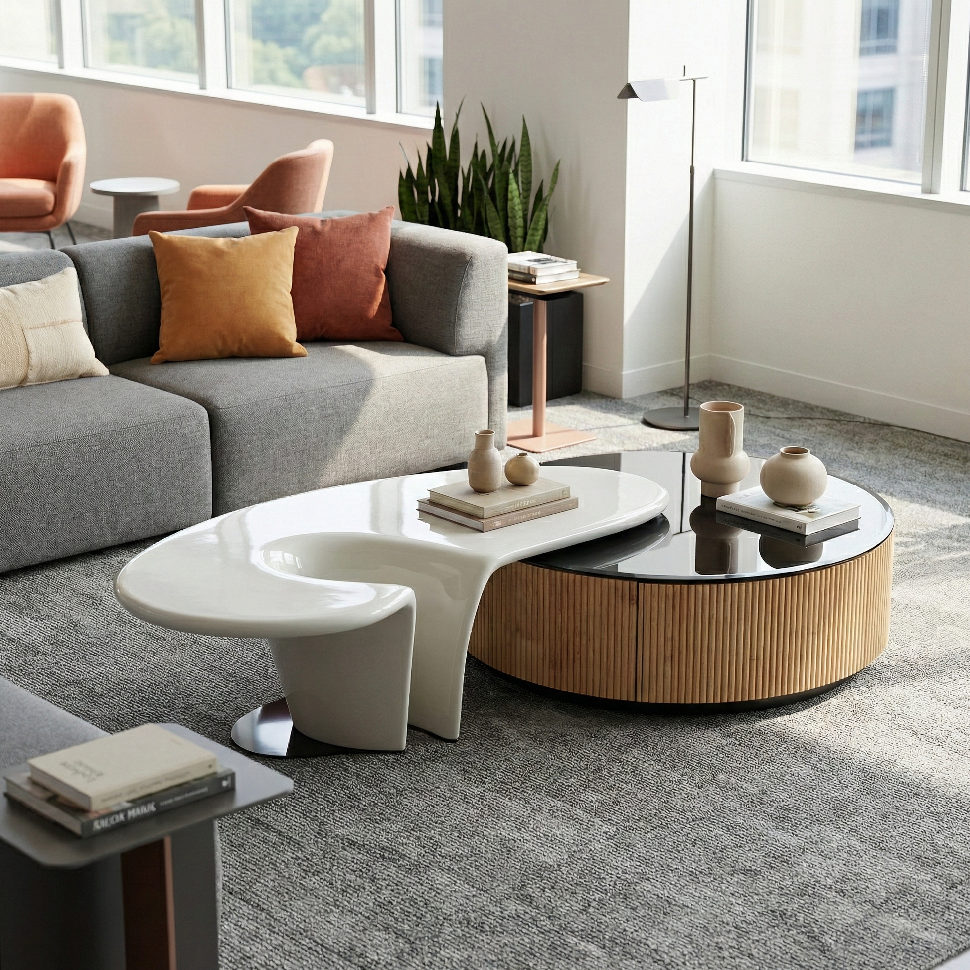 Modern Coffee Table Set With Black Round Table and White Sculptural Side Table, Stylish Contemporary Office Furniture.