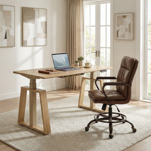 Eureka Ergonomic Home Office Set with Ark Lite Standing Desk and Regal PU Leather Chair in home office.