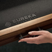 Eureka Ergonomic Ark Executive Standing Desk Drawer Detail With Leather and Metal Handle and Walnut Finish.