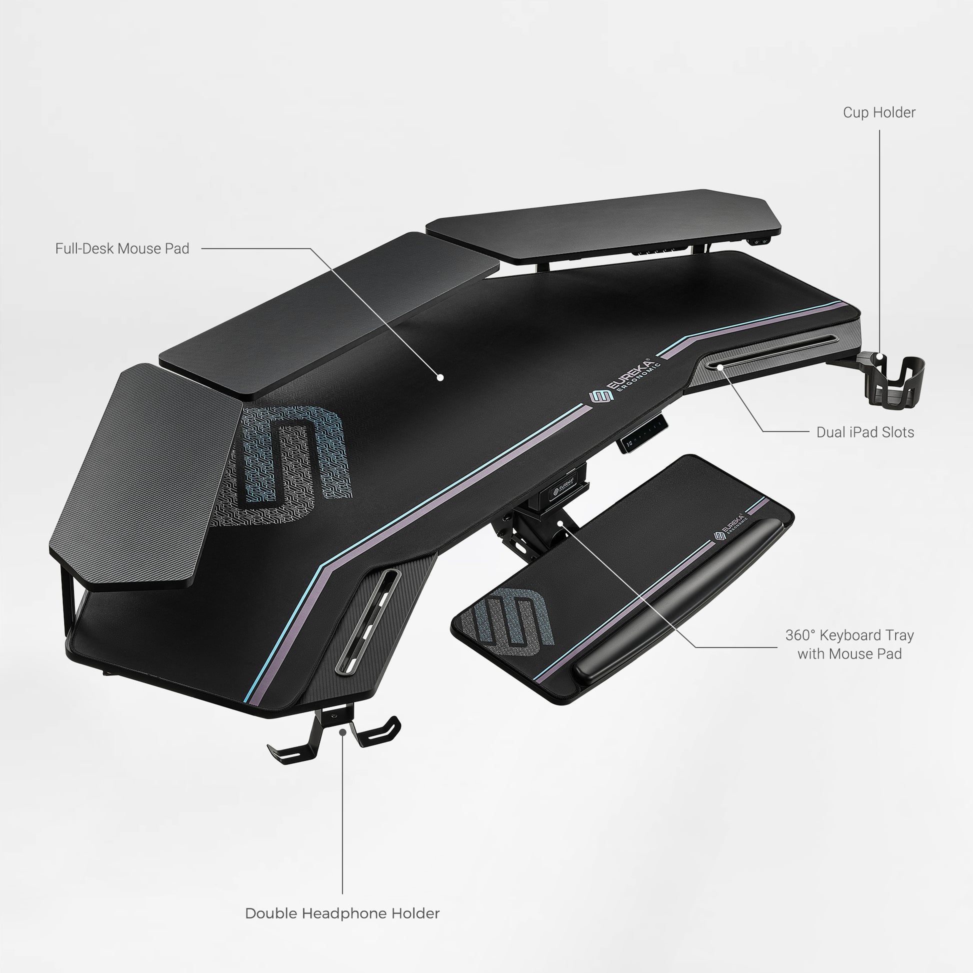 Eureka Ergonomic Aero Pro Standing Desk Layout: Mouse Pad, Storage, and Operating Areas.