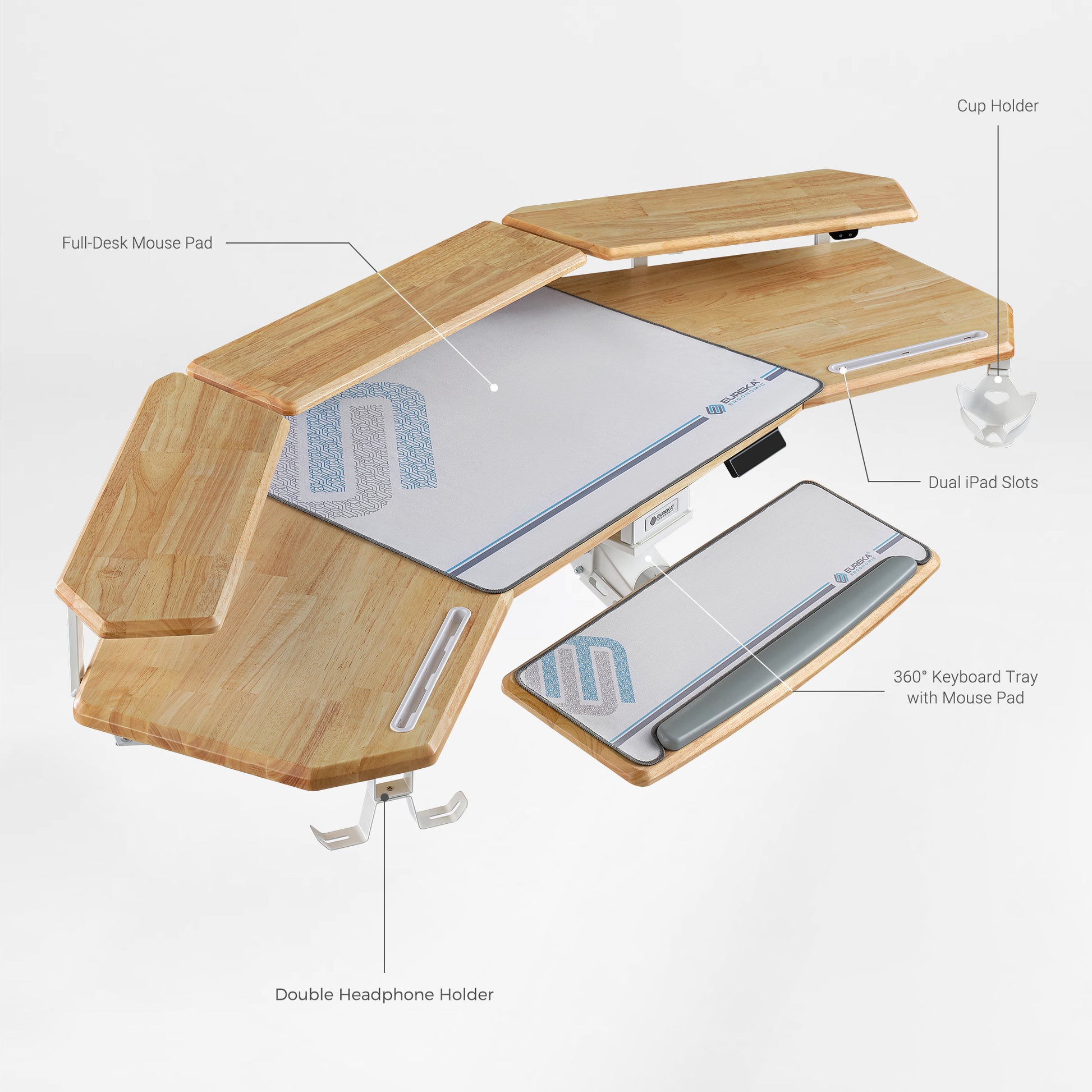 Eureka Ergonomic Aero Pro Standing Desk Layout: Mouse Pad, Storage, and Operating Areas.