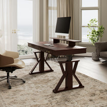 Ark Sws Pro Executive Standing Desk With X-Shaped Legs, Dark Wood Finish, Modern Home Office.