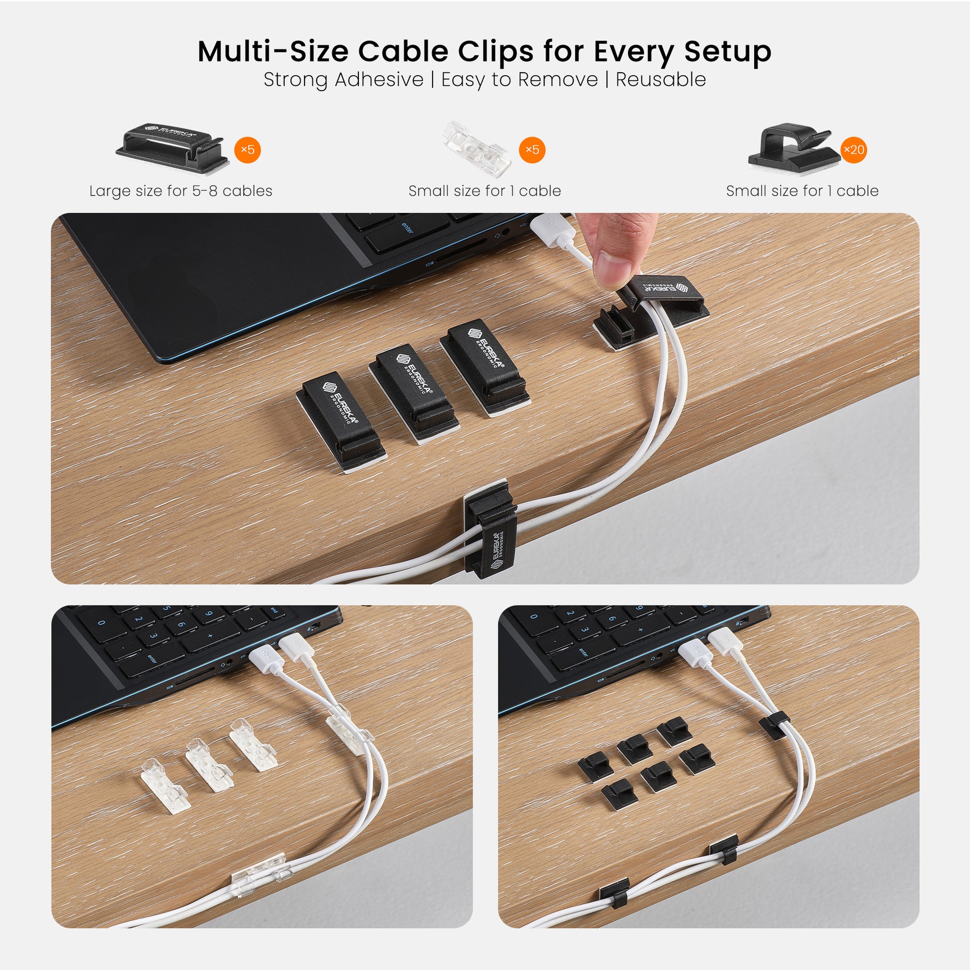 Eureka Ergonomic Cable Management Kit with multi-size cable clips for every setup