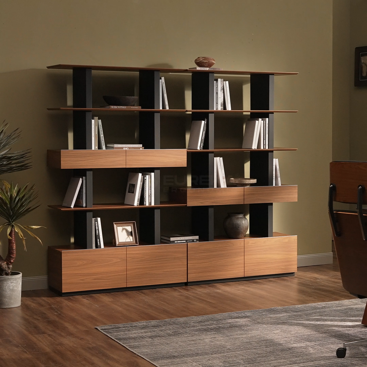 Eureka Ergonomic Ark 78 inch Walnut bookshelf with drawers and display shelves product showcase video