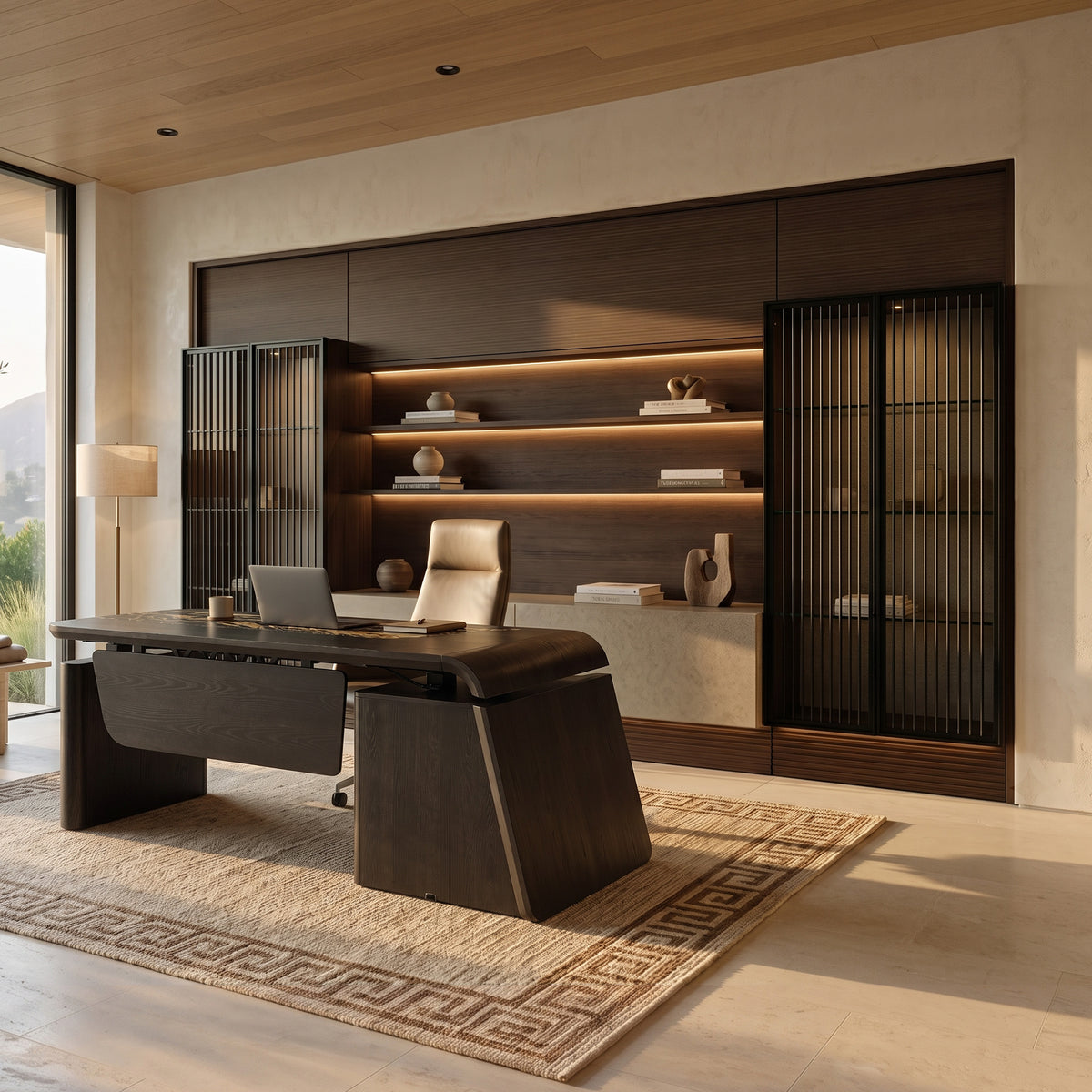 Arundel Dark Walnut Wall System with Slatted Cabinet and Led Lighting