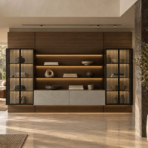Arundel Dark Walnut Wall System with Slatted Cabinet and Led Lighting