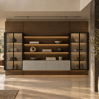 Arundel Dark Walnut Wall System with Slatted Cabinet and Led Lighting