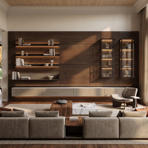 Arundel Dark Walnut Wall System, Shelving & Storage Wall with Led Lighting