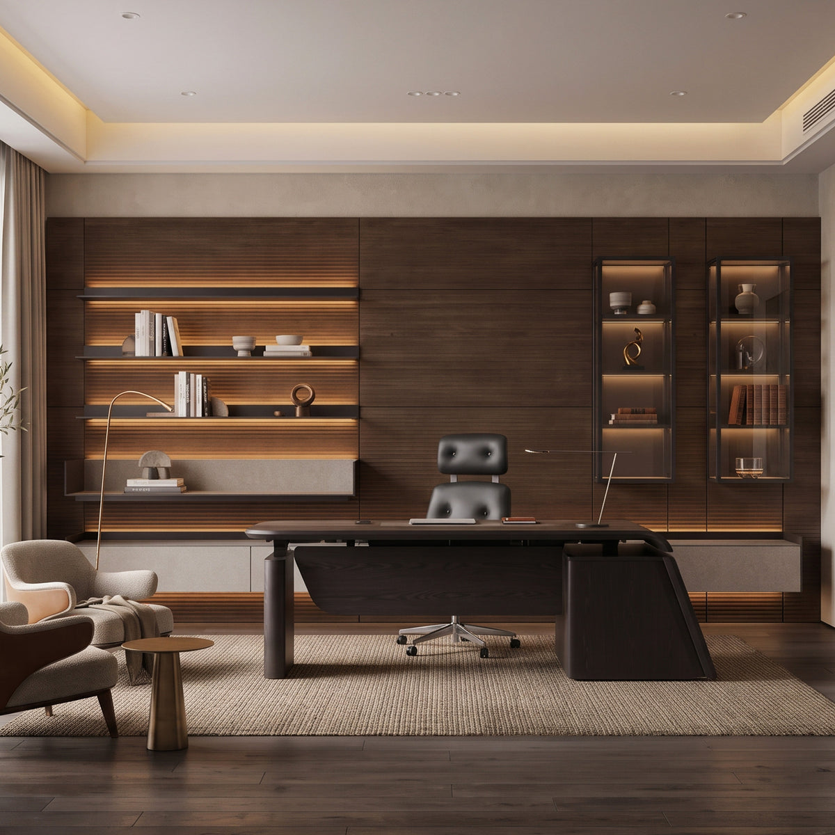 Arundel Dark Walnut Wall System, Shelving & Storage Wall with Led Lighting