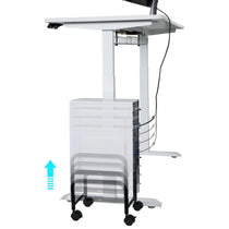 Adjustable White Cpu Stand With Black Frame, Integrated With a Standing Desk, Offering Ergonomic Height Adjustment.