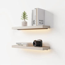 Floating Wall Shelf With Led Lighting, Featuring Books and Decor; 'Art for Survival' and 'Time Hope'.